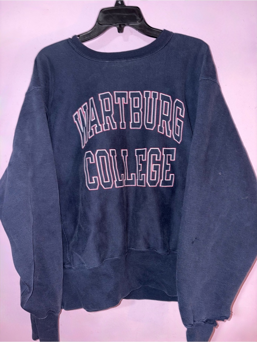 Champion Navy Crewneck Sweatshirt with Pink-Outlined Collegiate Lettering